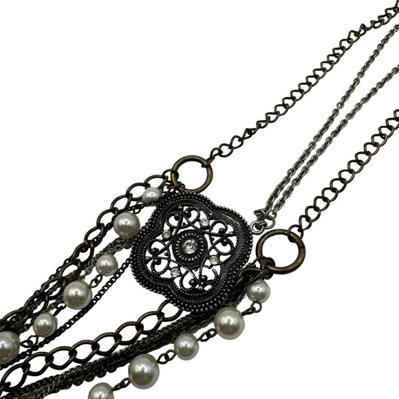 Multi-Layer Pendant Necklace With Faux Pearls & Metal Chains - Picture 7 of 7